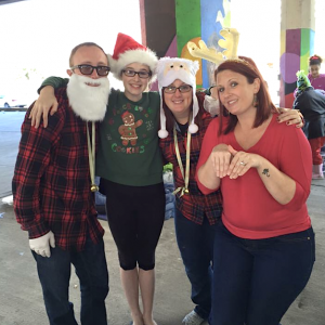 (l to r) Garrett Johnson, Amber Dillenkoffer, Ashley Johnson and Sheri Dillenkoffer in costume at Feed Nola’s 2016 Christmas luncheon to feed the hungry. 